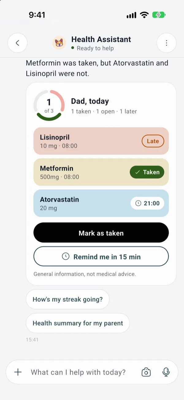Health Assistant answer card showing Dad's doses today with Mark as taken and Remind me in 15 min buttons
