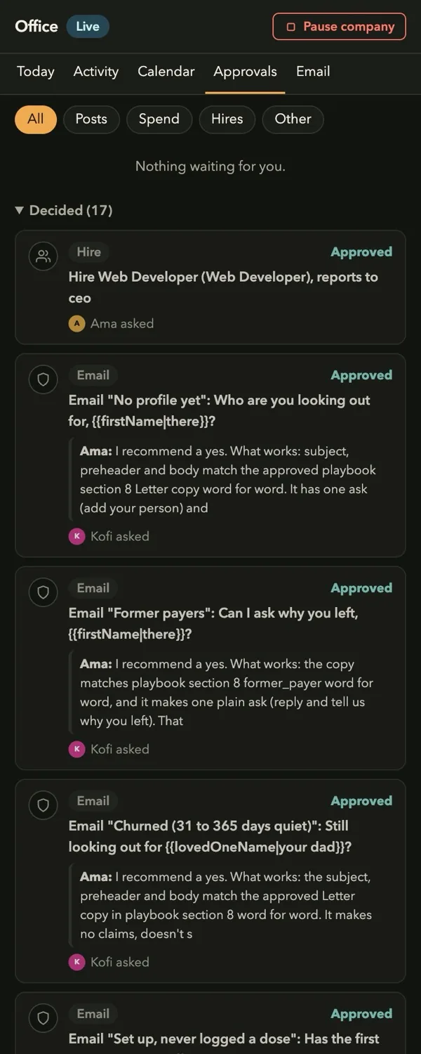 Agent Office Approvals tab listing decided items with the CEO's recommendation on each
