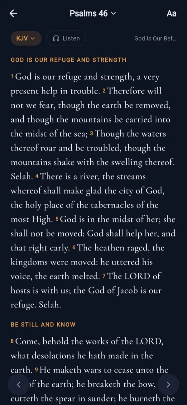 Flock Bible reader showing Psalm 46 in the KJV with gold section headings, verse numbers and a Listen button