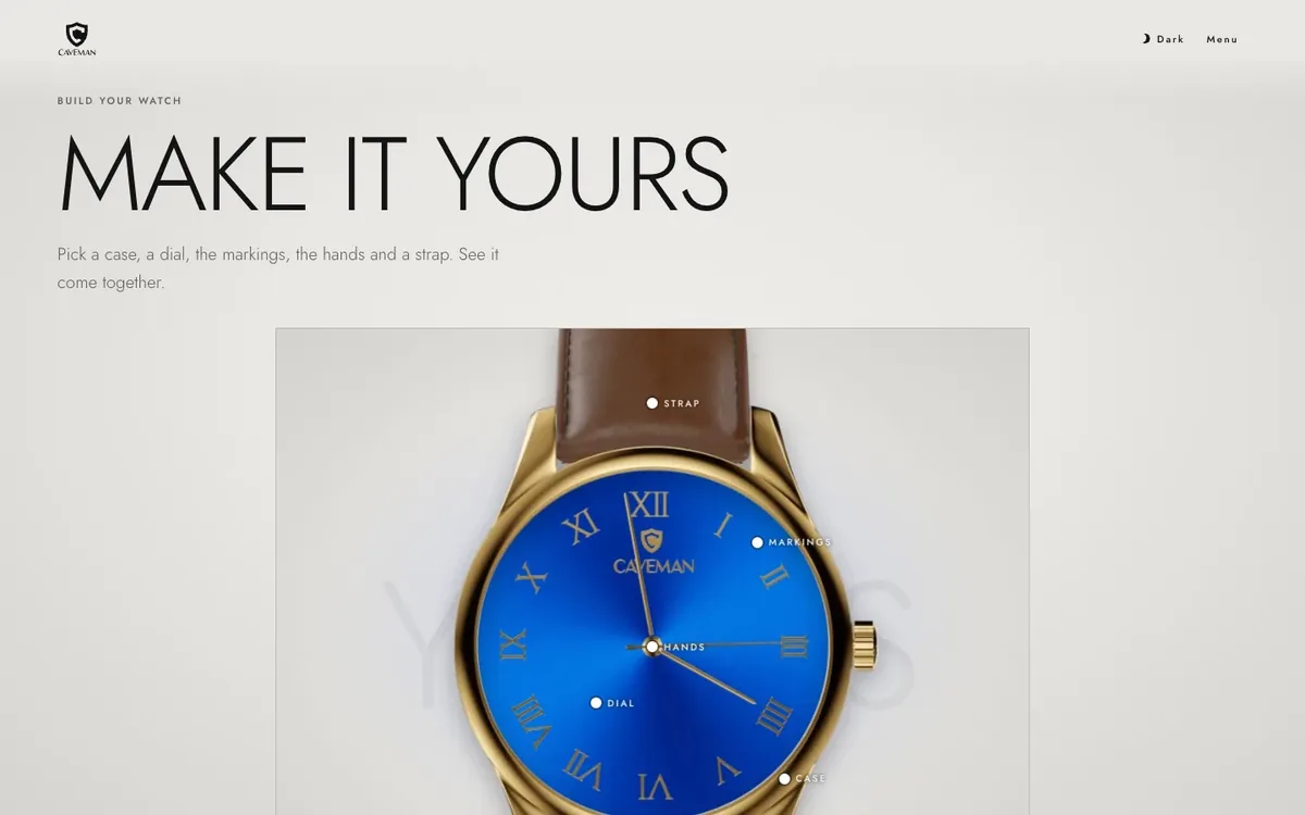 Watch builder showing a gold case, blue Roman dial and brown strap with clickable hotspots