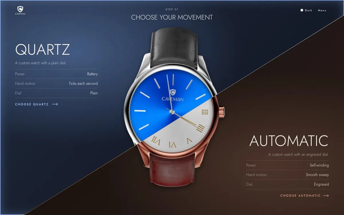 Quartz or Automatic movement choice shown on a split watch in the dark theme