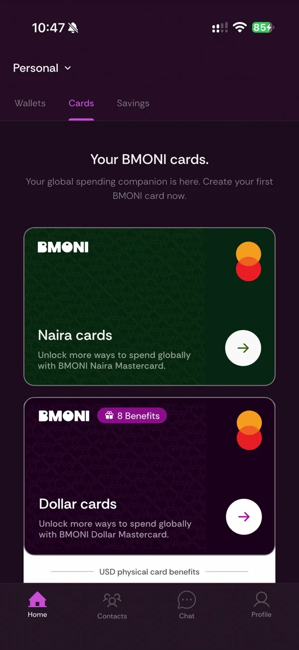 BMONI cards tab with Naira and Dollar Mastercard options