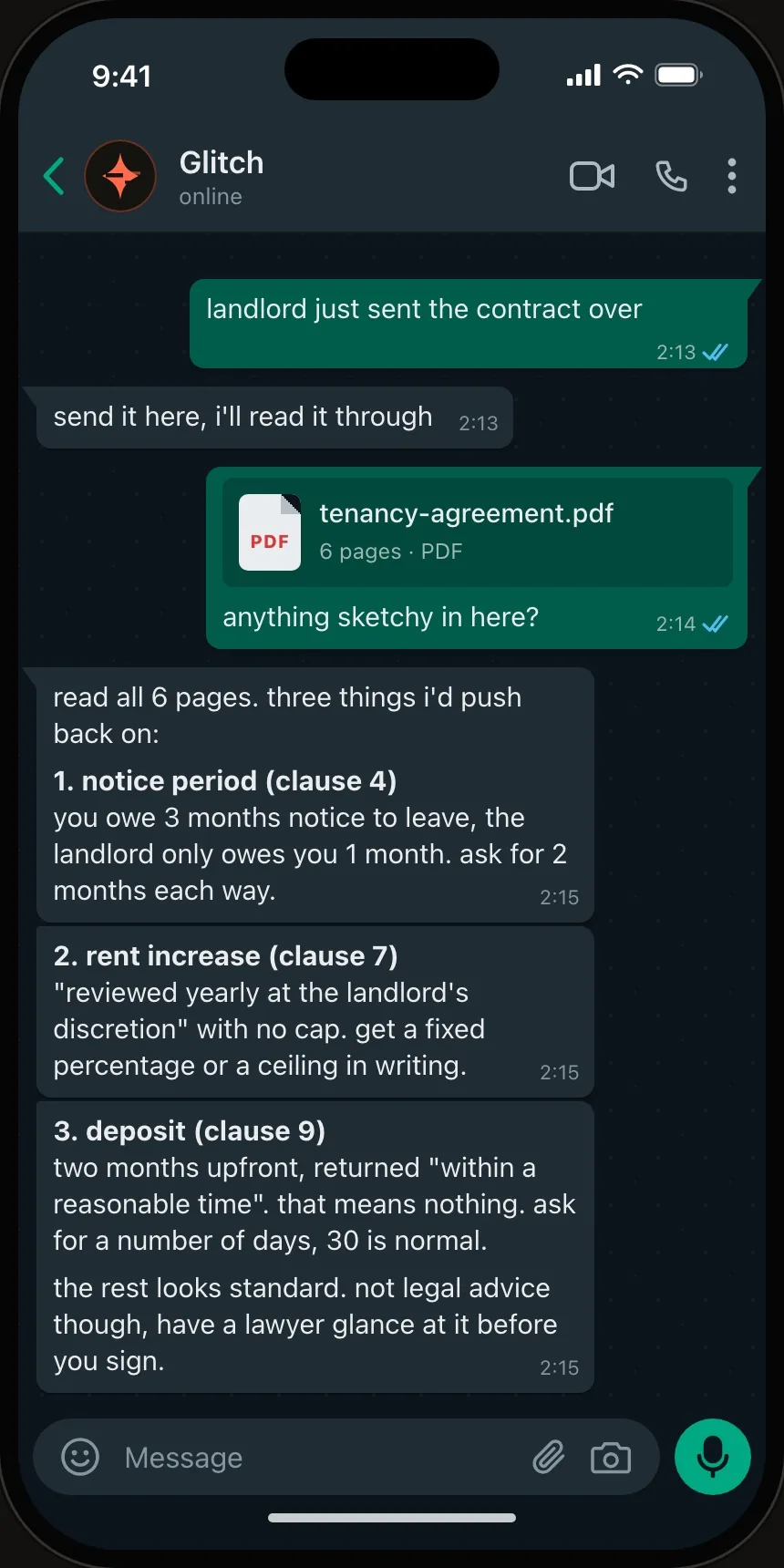 Chat where a tenancy PDF is reviewed and the answer is split across several bubbles