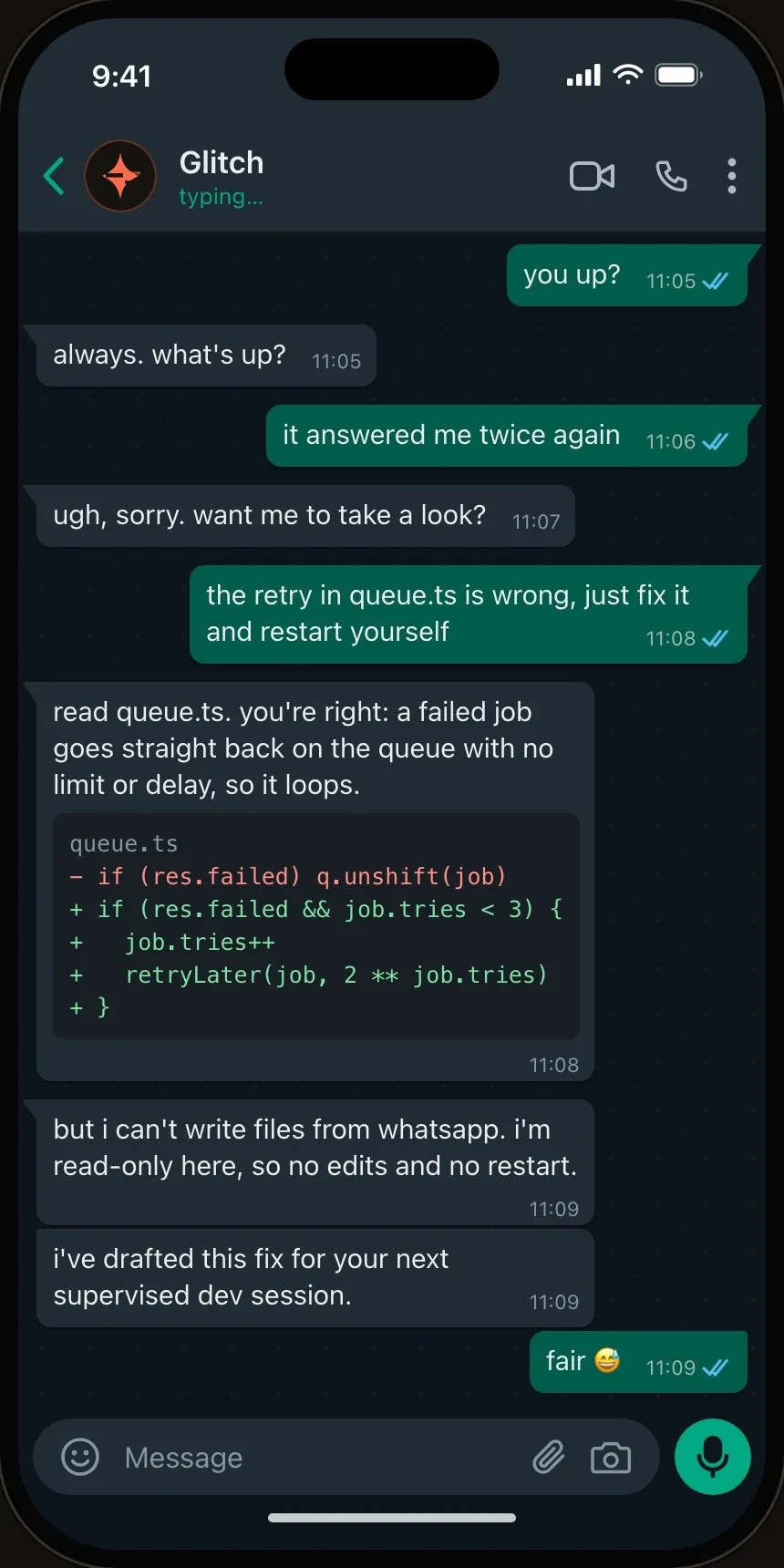 Chat where Glitch reads its own code and drafts a diff but declines to write it from WhatsApp