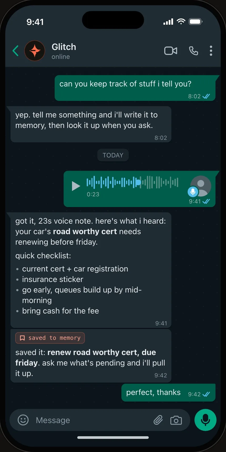 Chat where a voice note is understood and saved to memory as a reminder