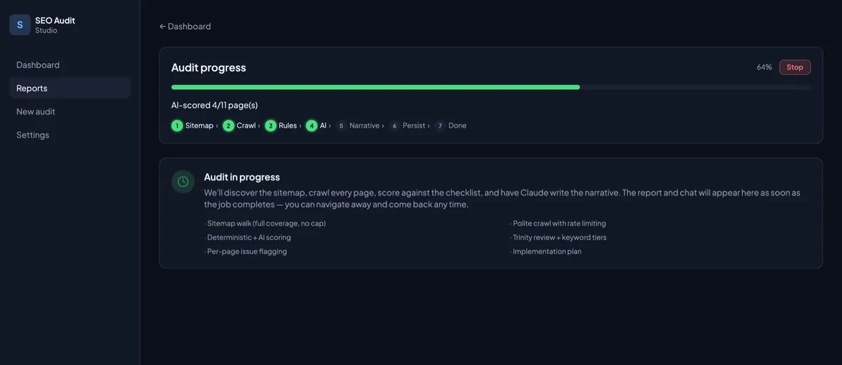 SEO Audit Studio crawl in progress with live page progress