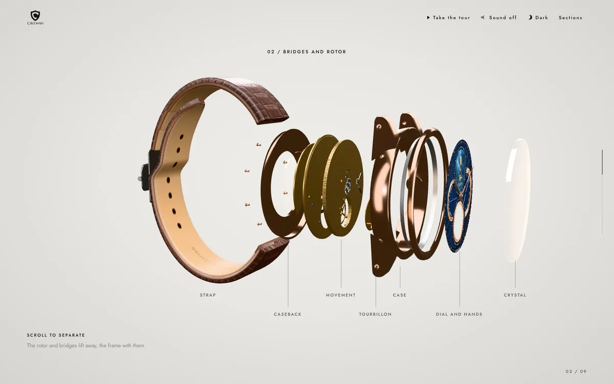Exploded view of the watch showing strap, caseback, movement, tourbillon, case, dial and crystal