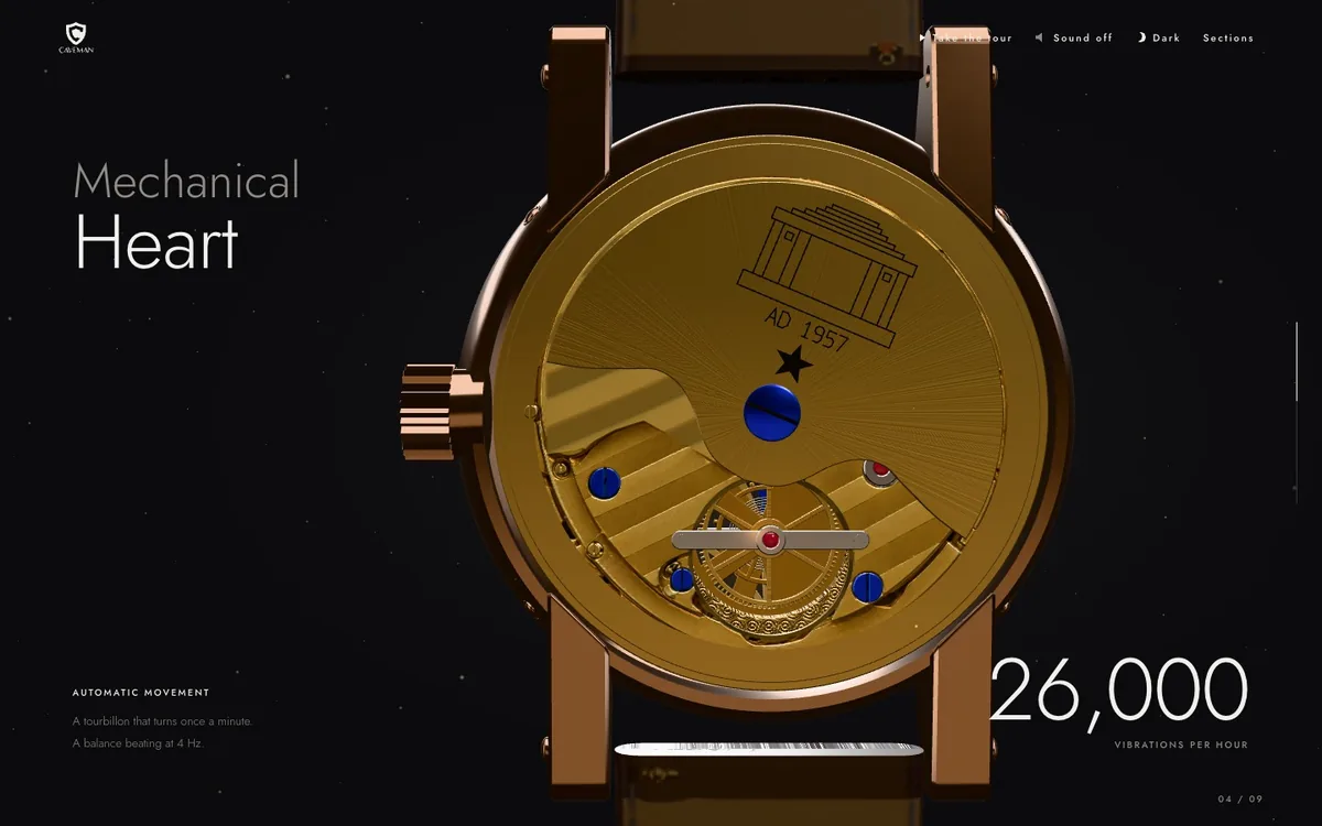 Mechanical Heart chapter with a tourbillon close-up on a dark background