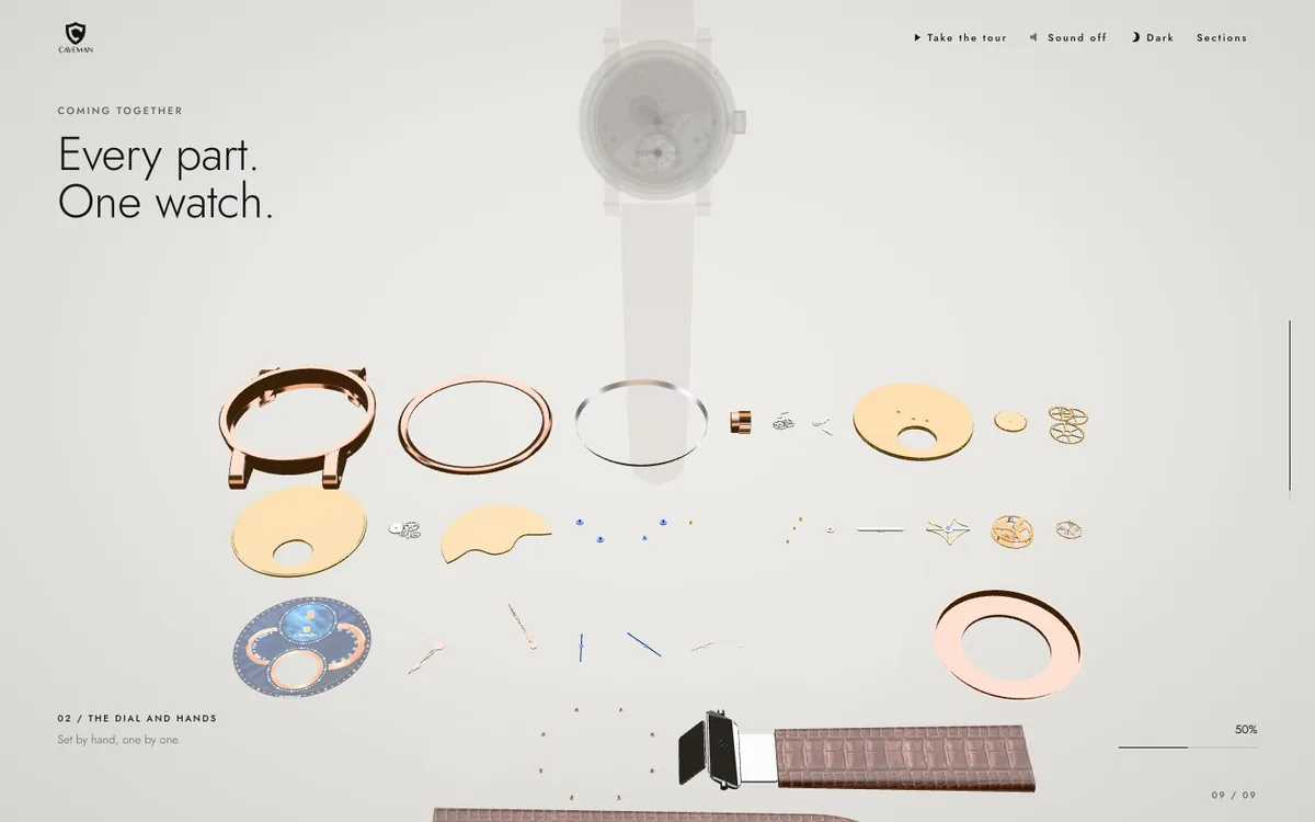 Every part of the watch laid out under the heading Every part. One watch.
