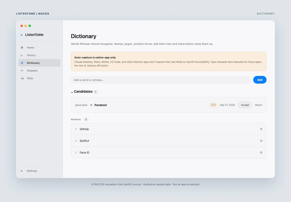 HTML/CSS recreation of Dictionary showing a sample correction candidate and manual vocabulary