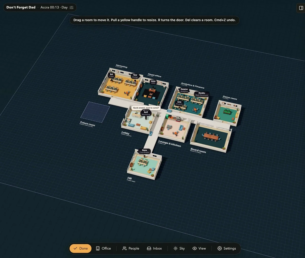 Agent Office in layout-edit mode with rooms being dragged around on a grid