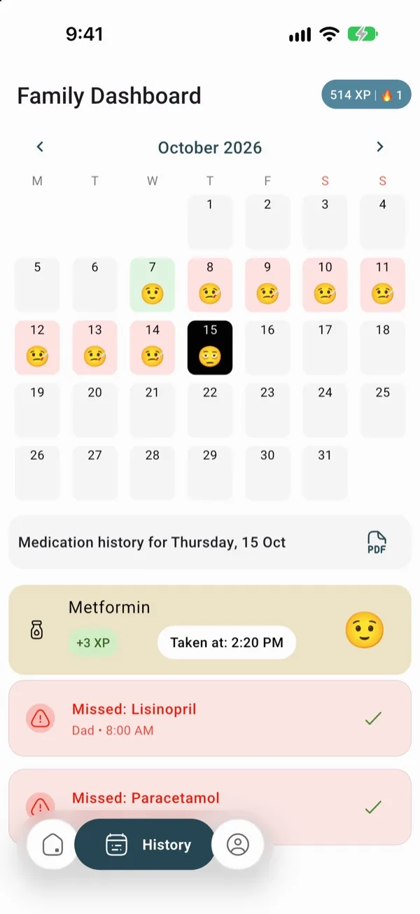 Family dashboard with a month calendar of mood check-ins and a medication history list showing a missed dose