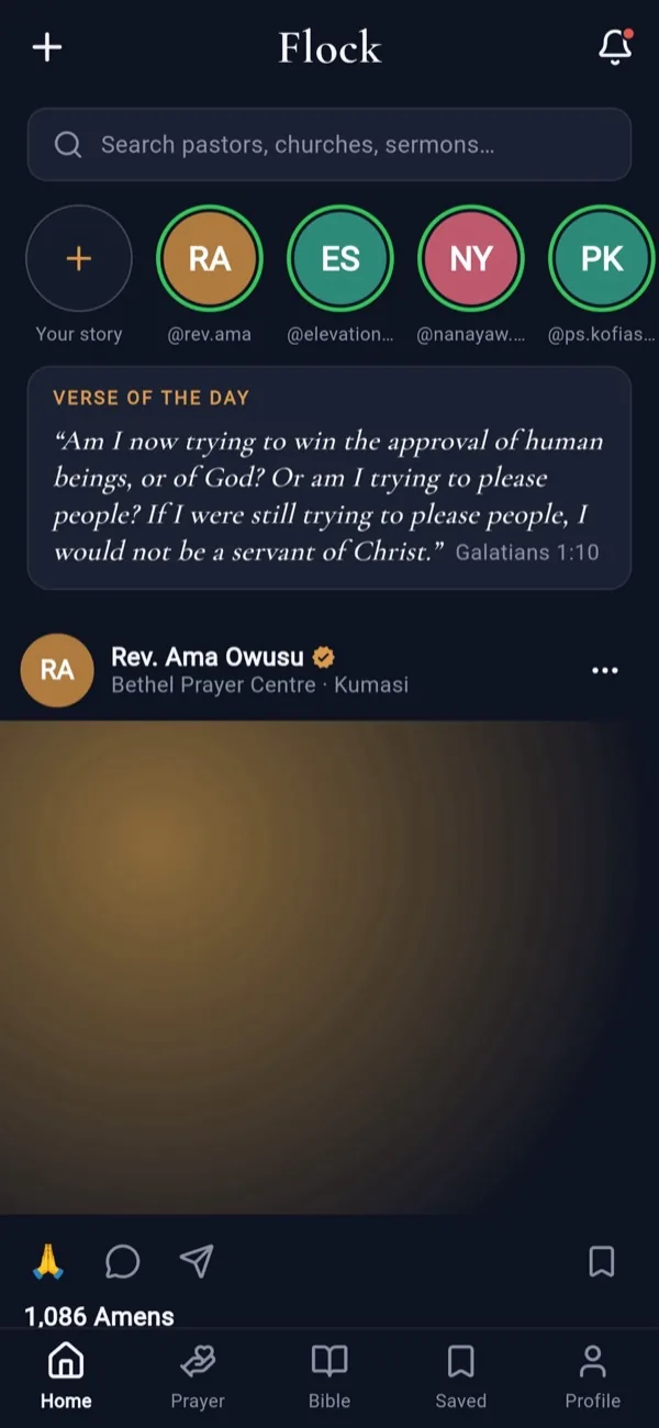Flock home feed with story rings, the Verse of the Day card and a verified pastor's post with its Amen count
