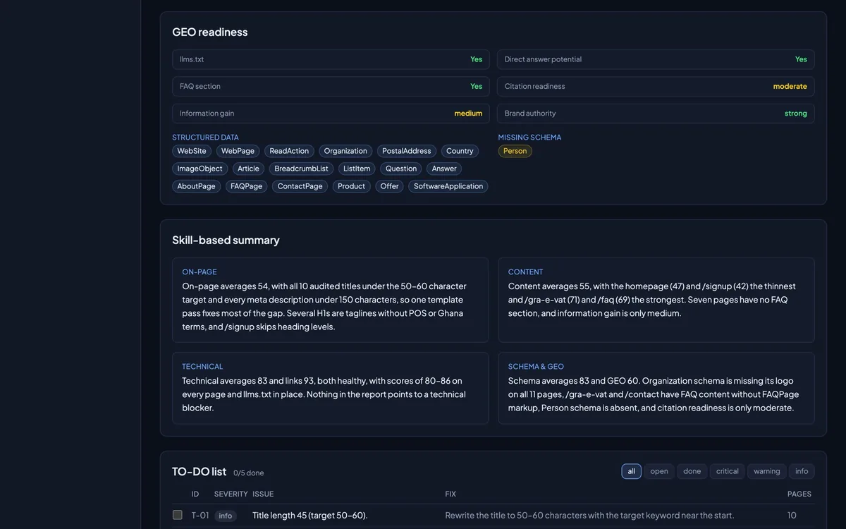 SEO Audit Studio GEO readiness view
