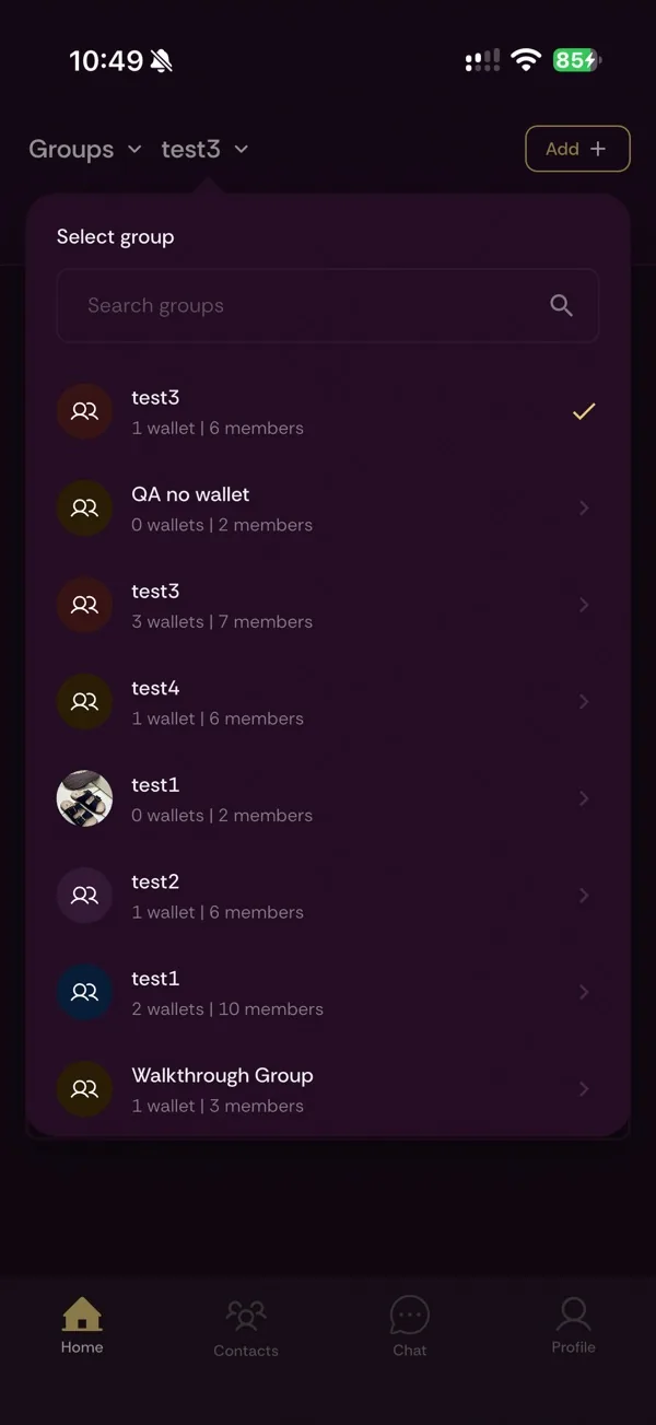 BMONI group picker listing test groups with wallet and member counts