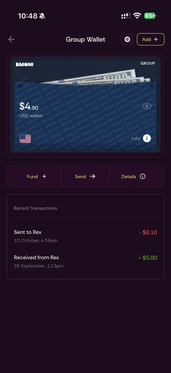 BMONI group wallet with a balance, Fund, Send and Details, and recent transactions