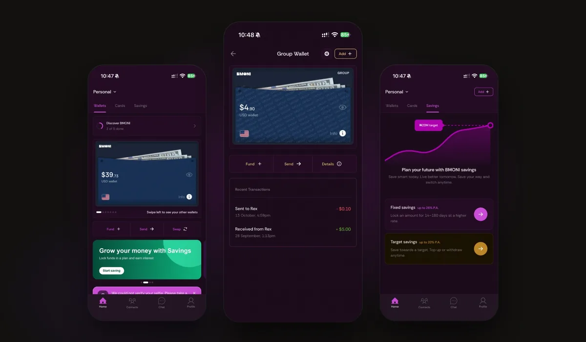 Three BMONI app screens: the personal USD wallet, a group wallet with recent transactions, and the savings tab
