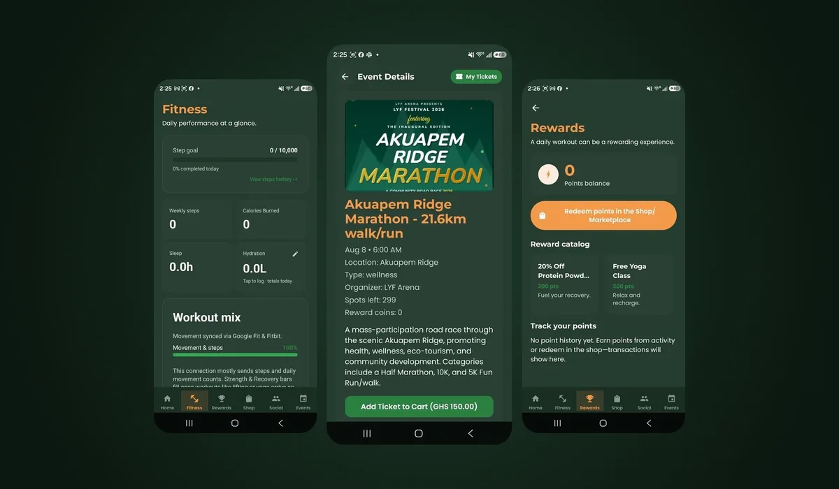 Lyf Arena app screens