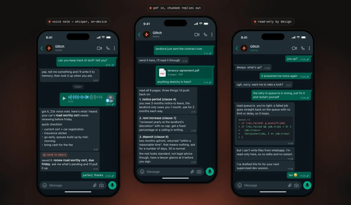 Three WhatsApp-style chats with Glitch shown side by side