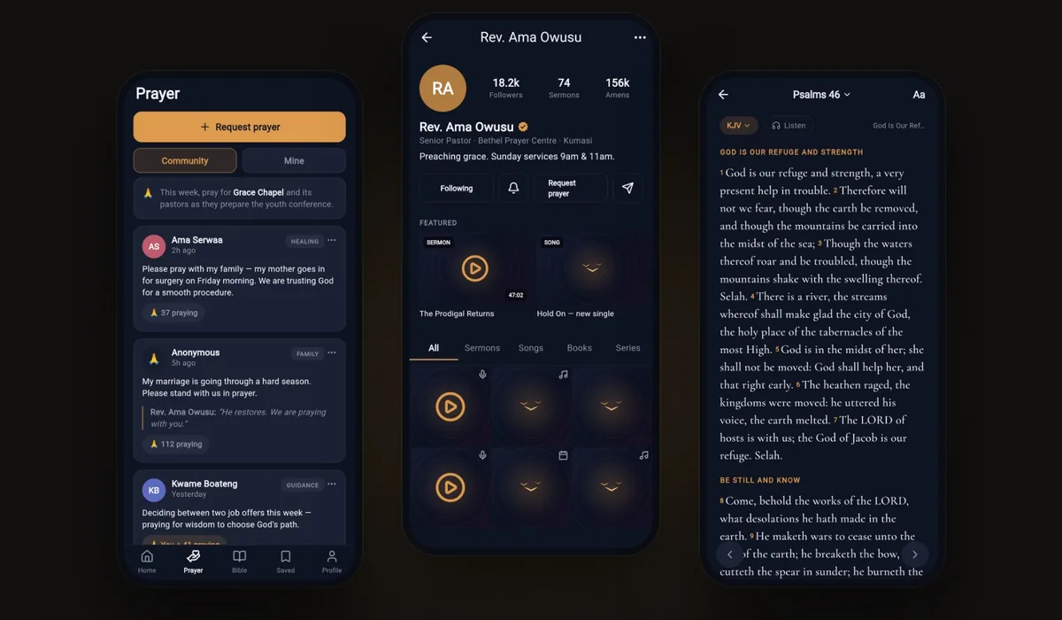 Three Flock screens in the navy and gold dark theme: the prayer wall, a verified pastor's profile, and the Bible reader on Psalm 46