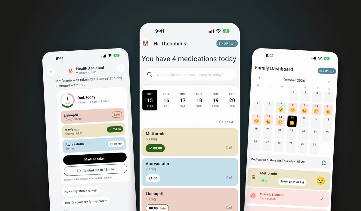 Three Don't Forget Dad app screens on a dark backdrop: the Health Assistant with today's doses, the home screen with the day's medications, and the family dashboard calendar