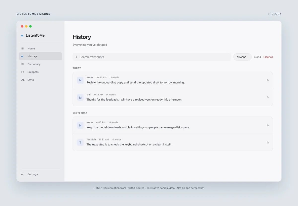 HTML/CSS recreation of the History view with search, app filter, and illustrative transcripts