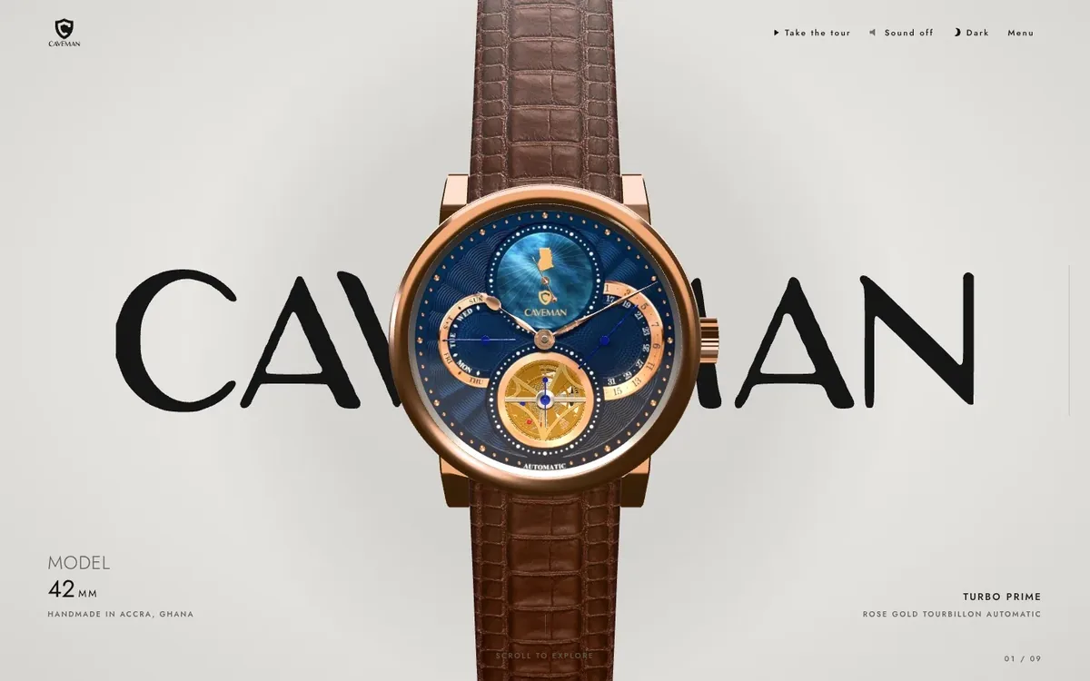 The 3D Turbo Prime watch in rose gold over the CAVEMAN wordmark on the home page