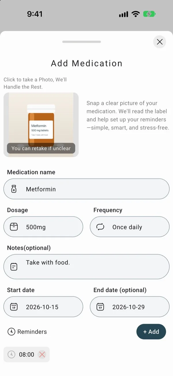 Add Medication form pre-filled from a photographed pill bottle label