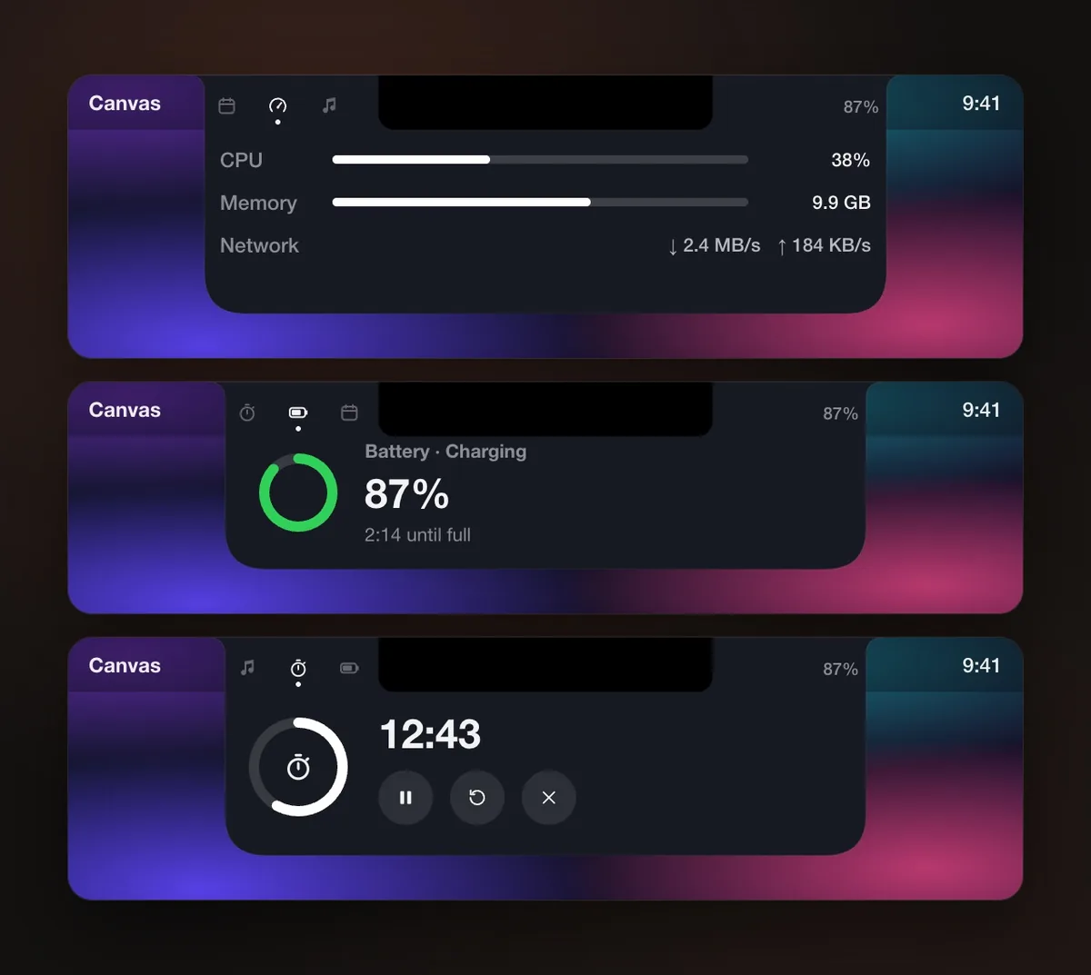 HTML/CSS recreation of Notchless live activities with illustrative data