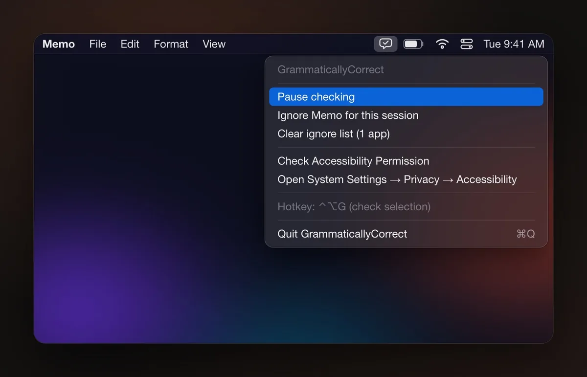 HTML/CSS reconstruction of the GrammaticallyCorrect menu-bar popover with sample text