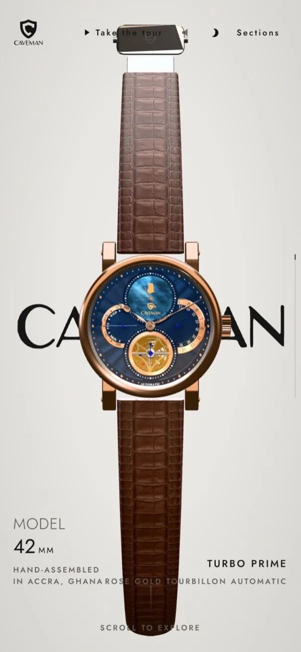 Mobile view of the home page hero with the watch above the CAVEMAN wordmark