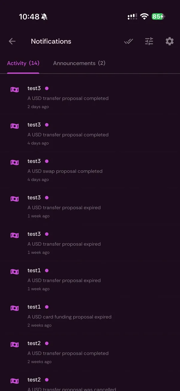 BMONI notification centre listing completed and expired transfer and swap proposals