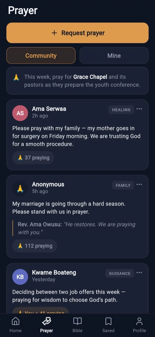 Flock prayer wall with a Request prayer button, Community and Mine tabs, and prayer cards with category tags and praying counts