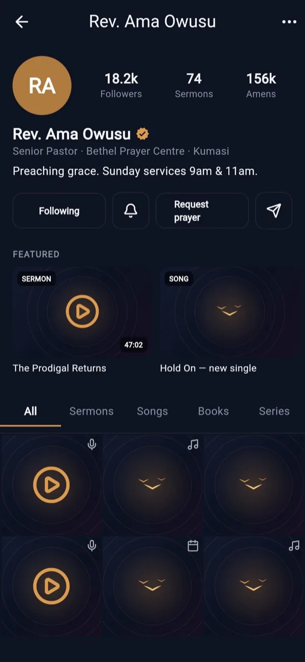 Flock pastor profile with a verified badge, follower, sermon and Amen counts, featured sermon and song, and content tabs