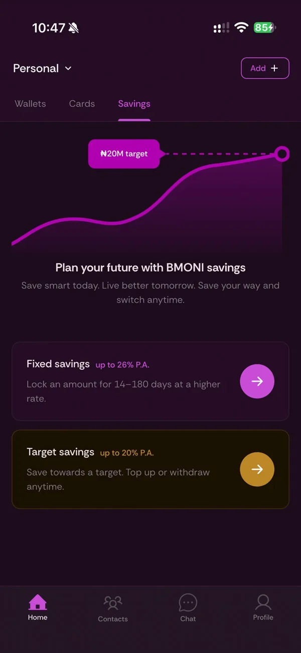 BMONI savings tab with fixed and target savings plans over a projection chart
