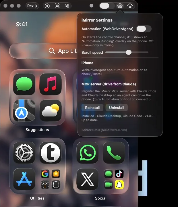 iMirror Settings popover with the automation toggle, scroll speed and MCP install