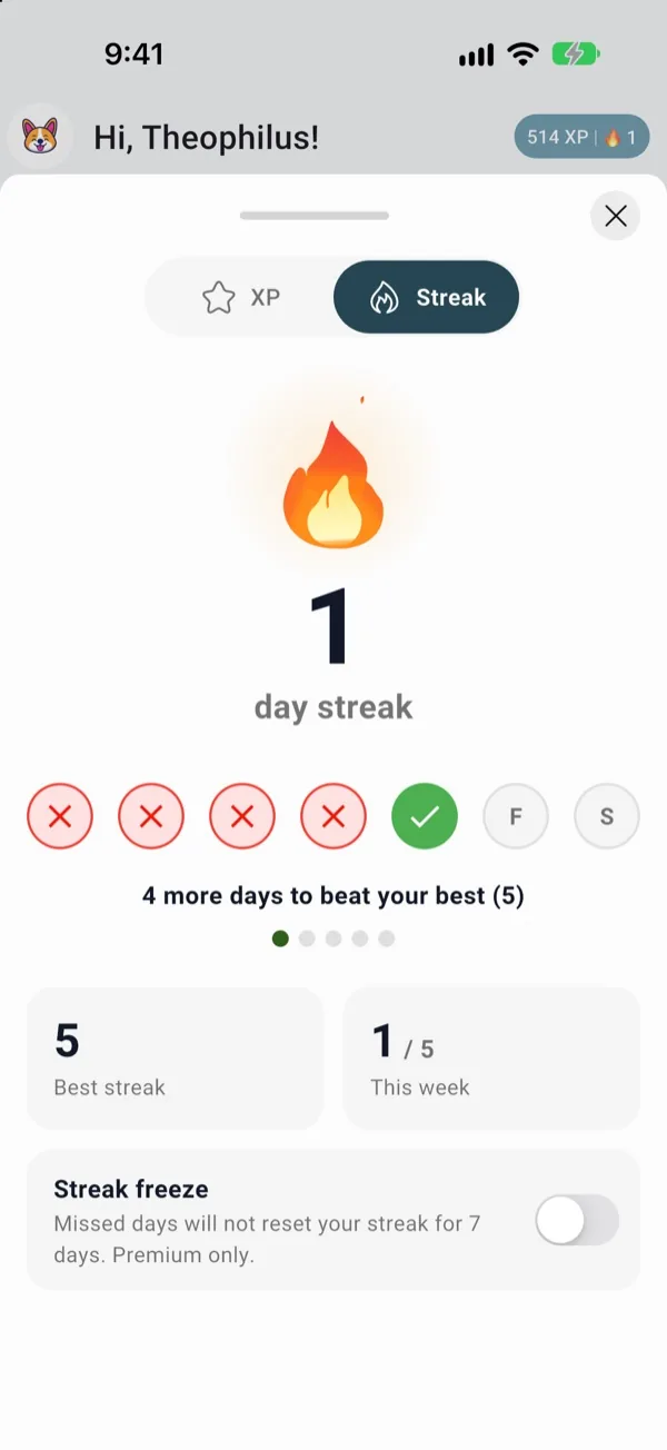 Streak screen with a one-day streak, best streak and a streak-freeze switch
