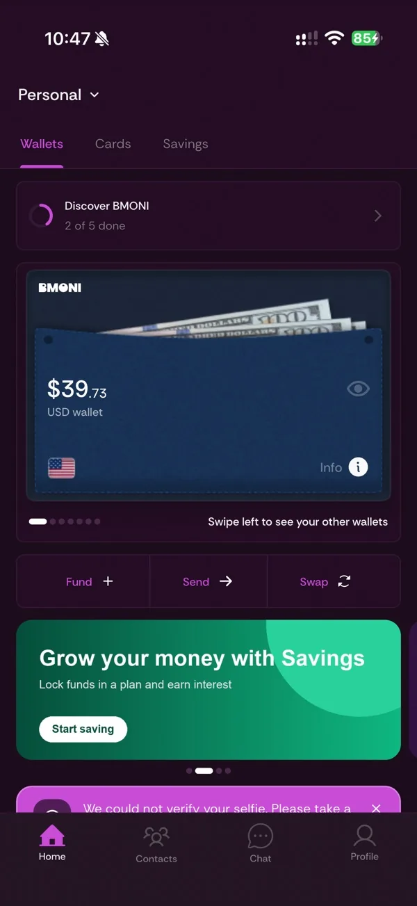 BMONI home screen showing a USD wallet with Fund, Send and Swap actions