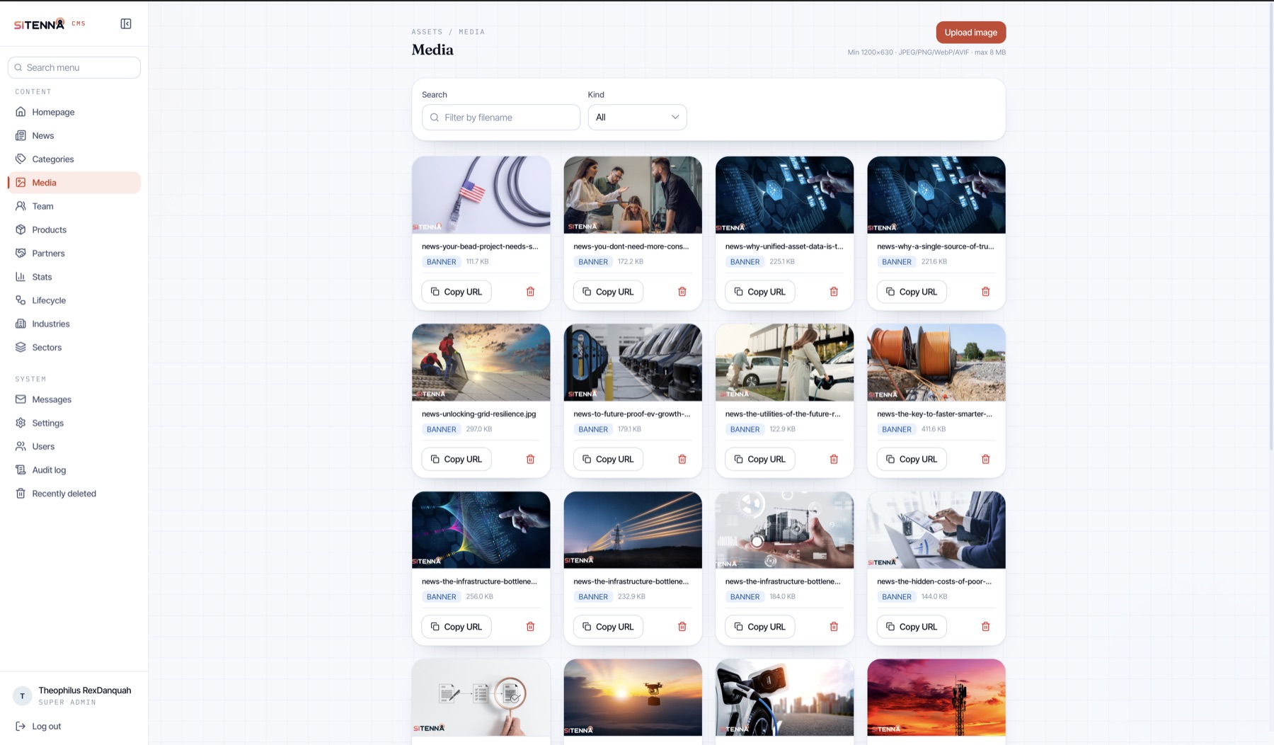 Sitenna CMS media library grid with upload and copy-URL controls