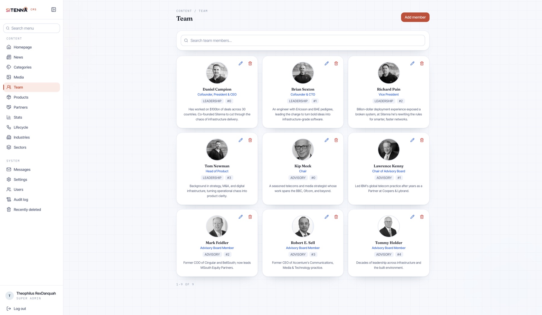 Sitenna CMS team manager with leadership and advisory profile cards
