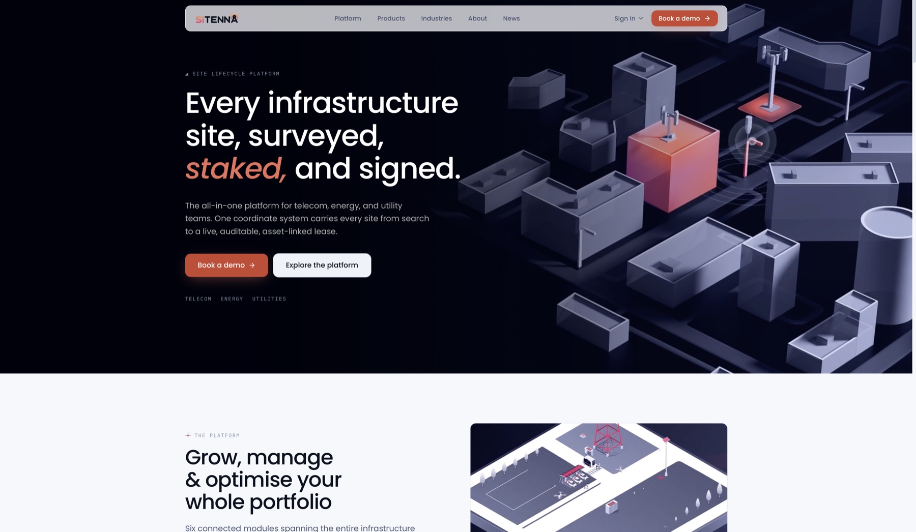 Sitenna homepage hero: 'Every infrastructure site, surveyed, staked, and signed.'