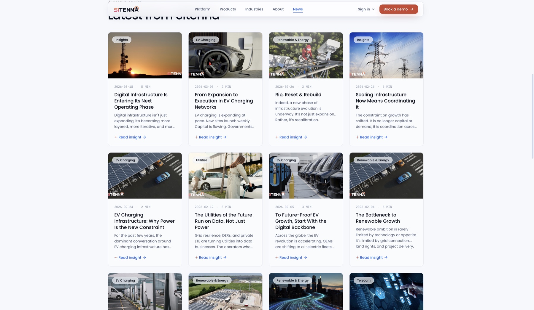 Grid of Sitenna news articles with categories and read times