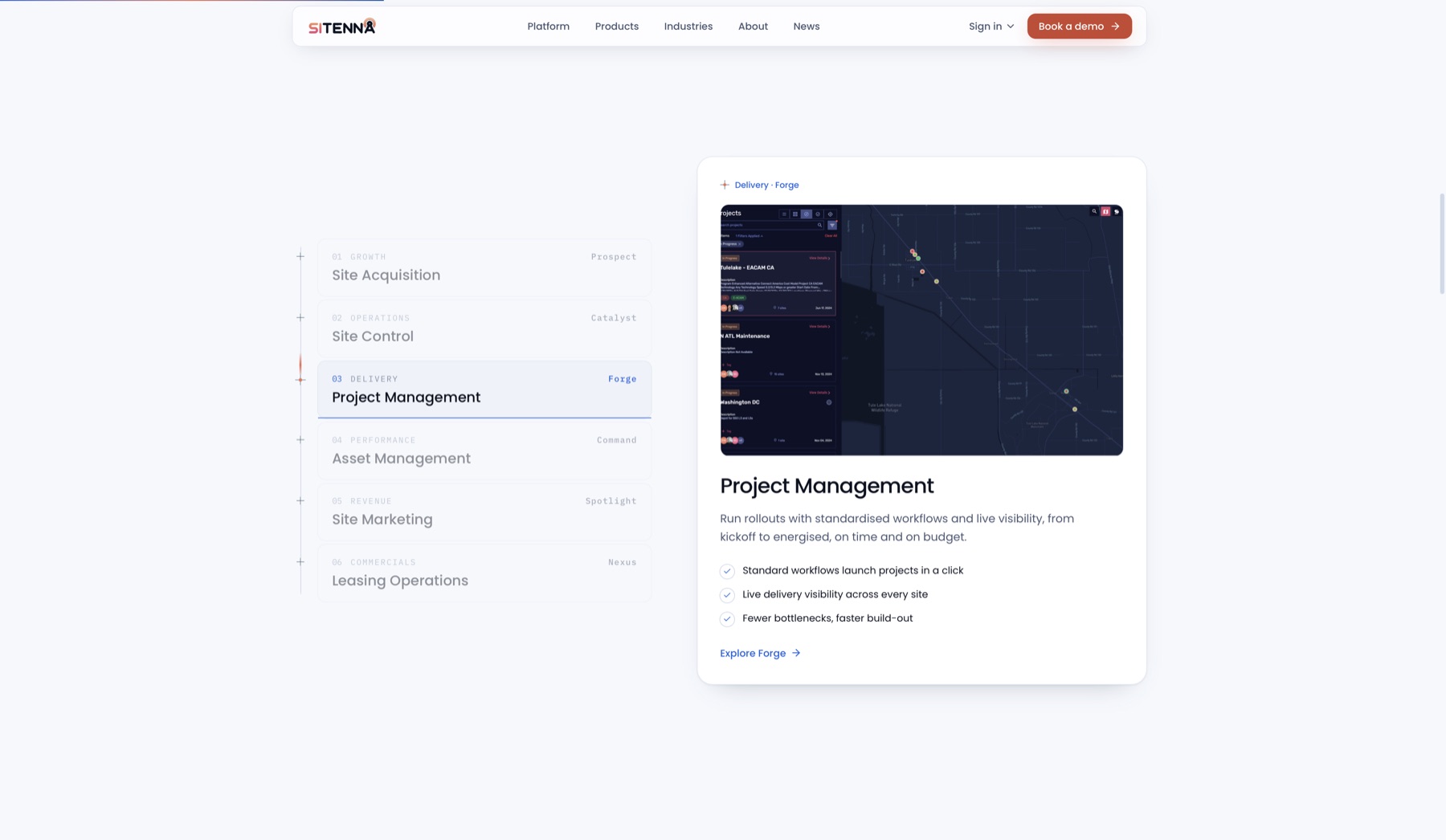 Sitenna platform section with a module selector and a live map preview