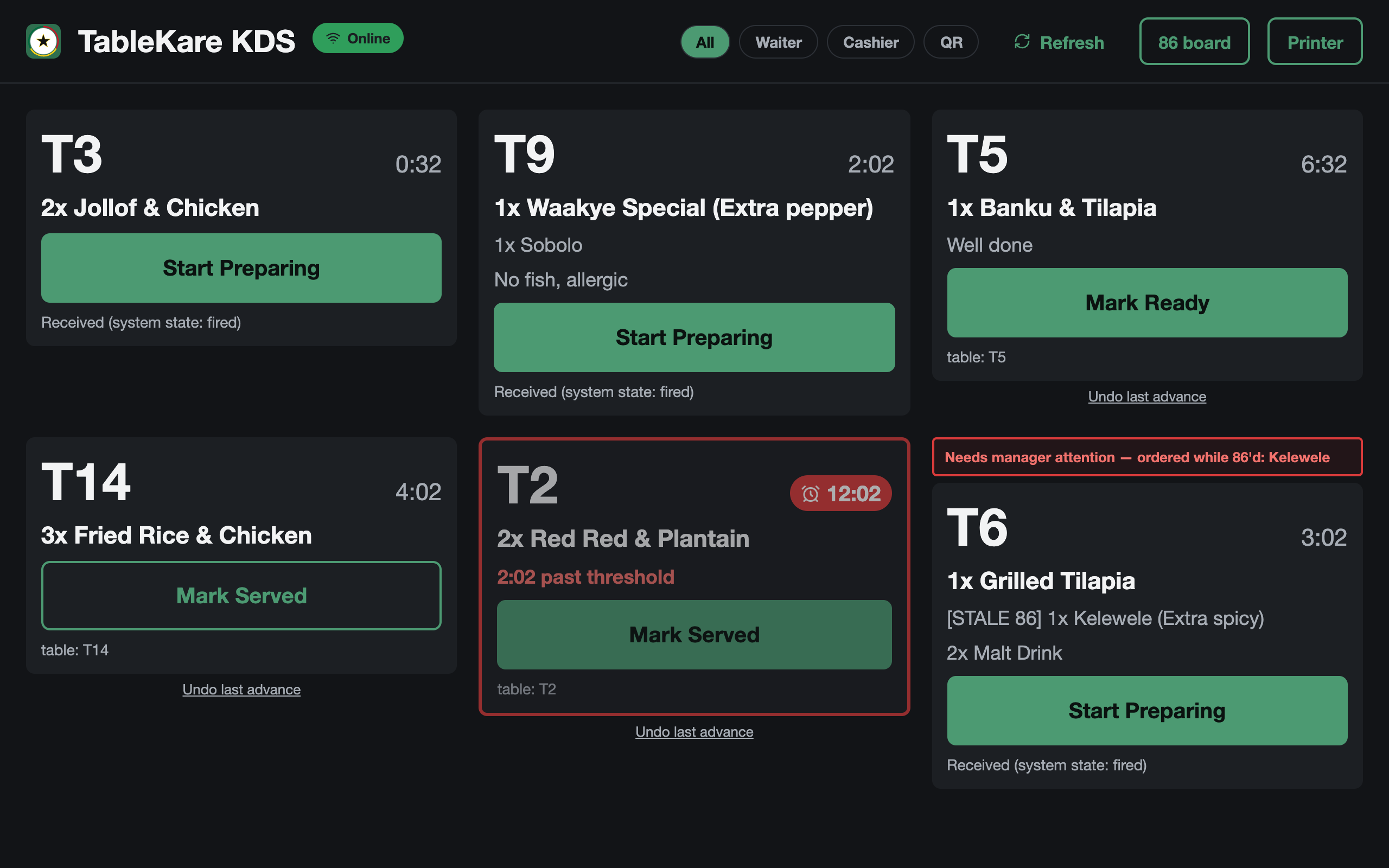 TableKare kitchen display board with live order tickets, timers, allergy notes and an 86 alert