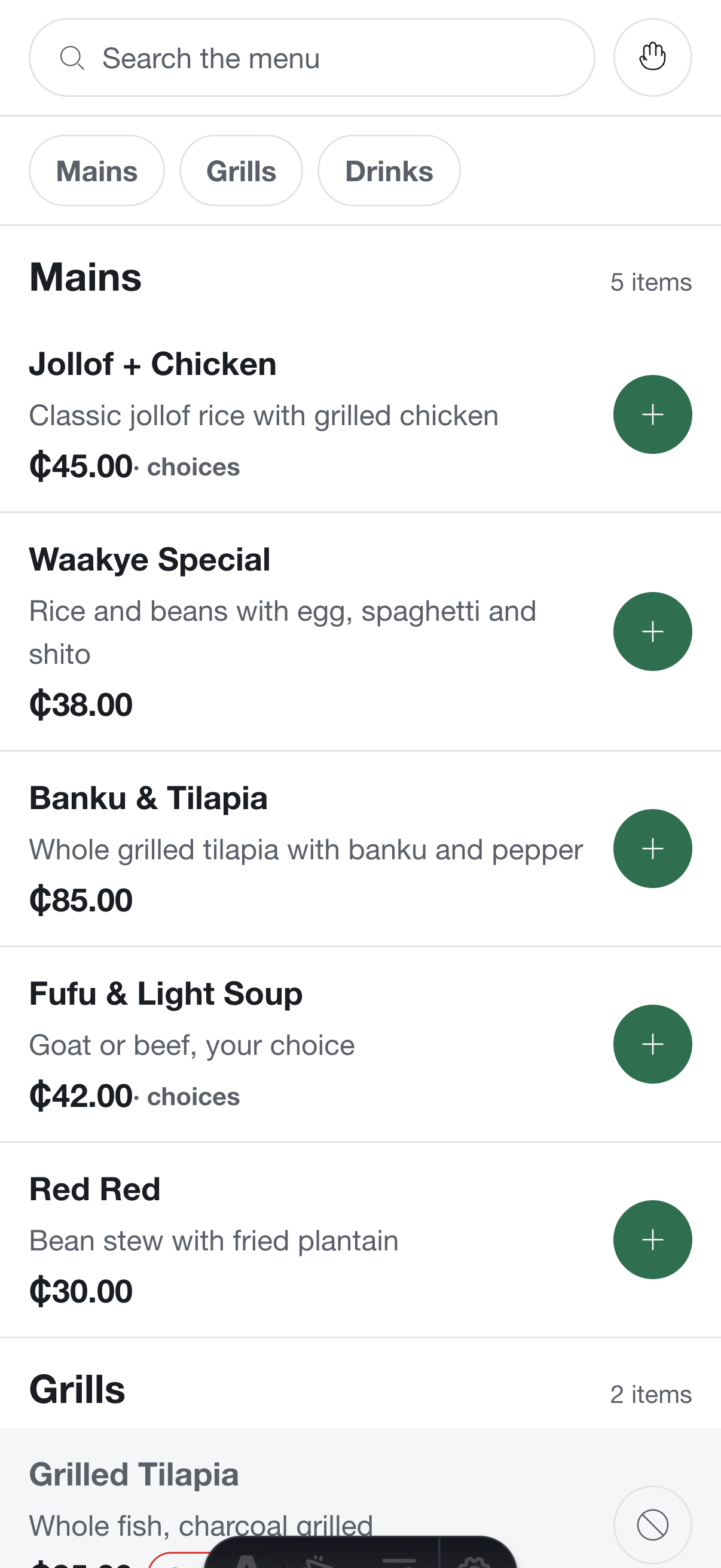 TableKare QR ordering menu on a phone with Ghanaian dishes and prices
