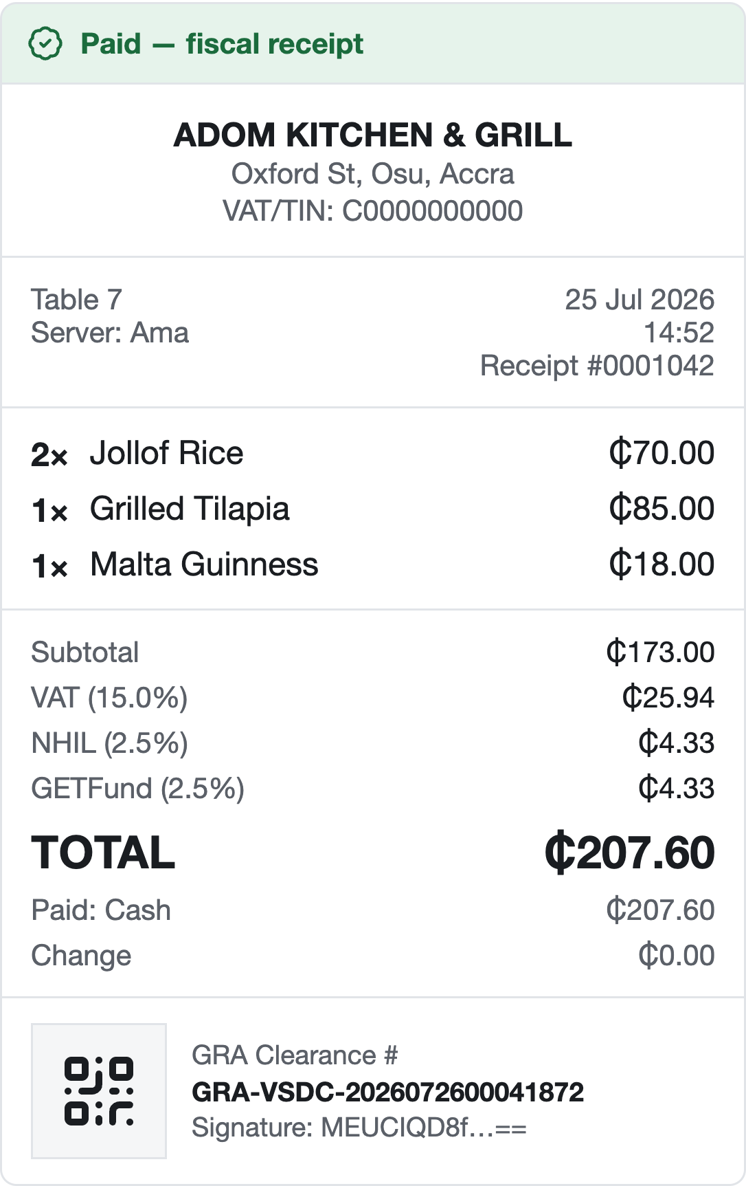 A TableKare GRA E-VAT receipt with VAT, NHIL and GETFund lines and a clearance reference