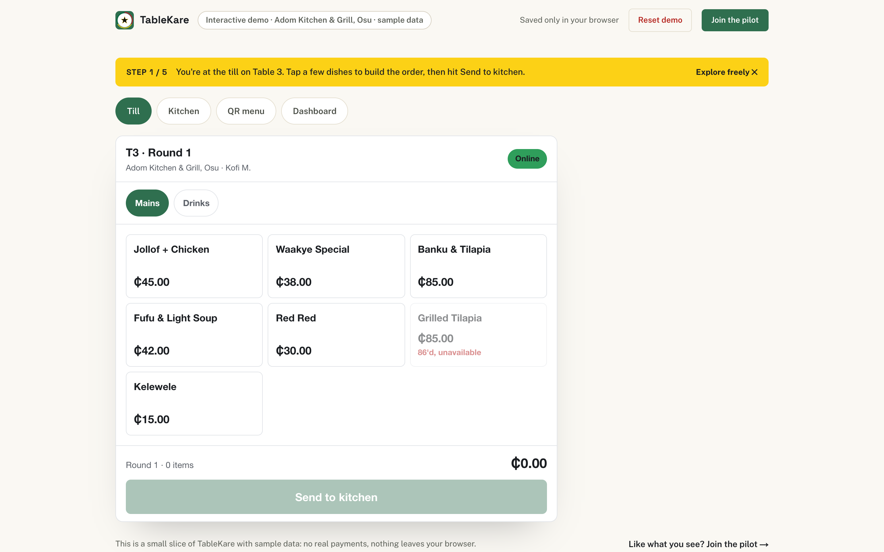 TableKare interactive in-browser demo showing the till