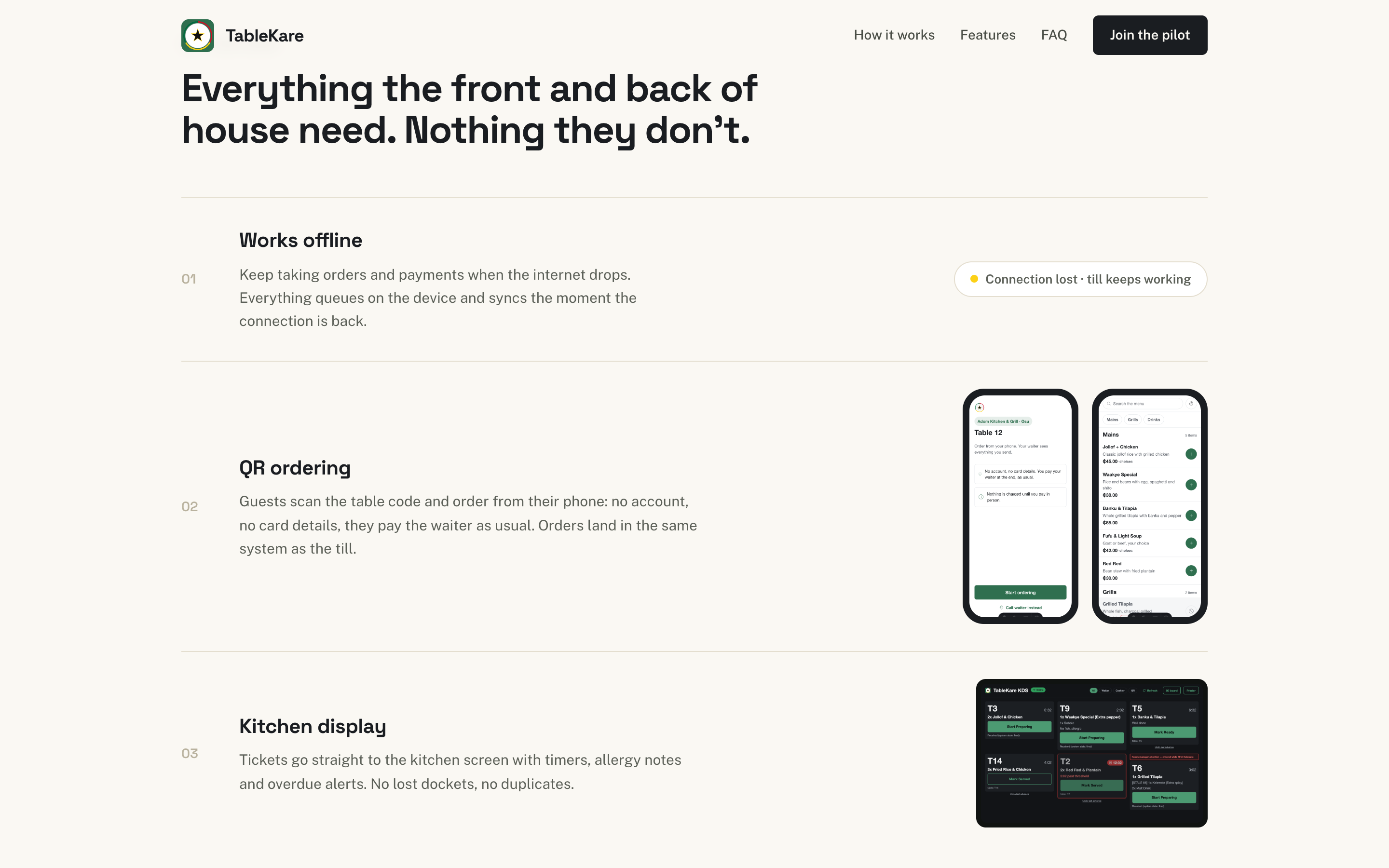 TableKare site feature pillars section