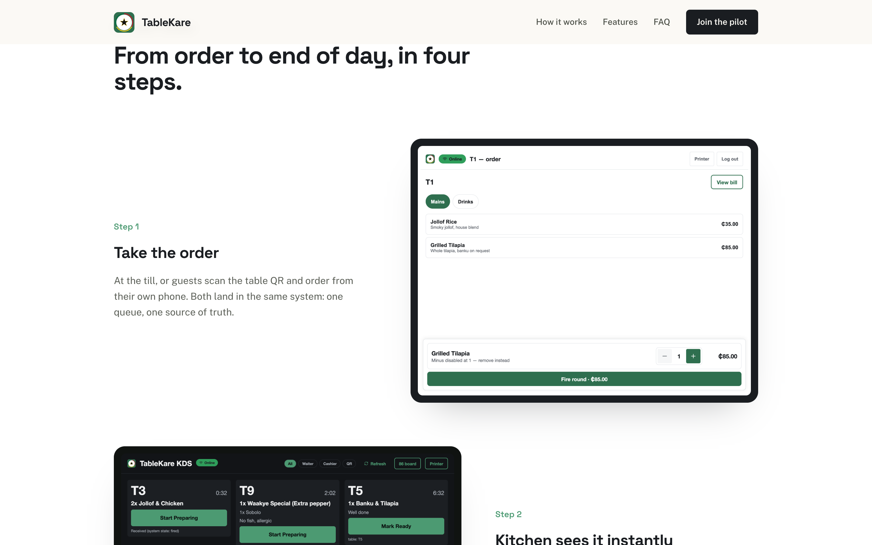 TableKare site how-it-works section with a step and a product screenshot