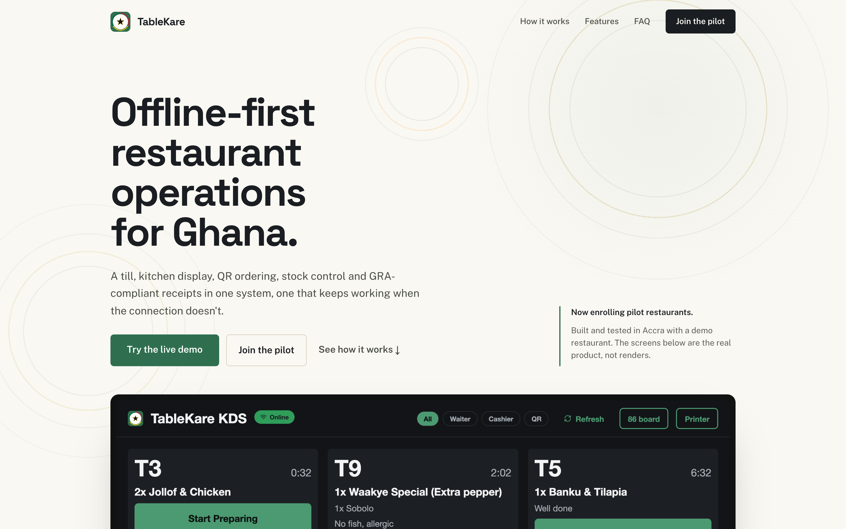 TableKare marketing site hero: 'Offline-first restaurant operations for Ghana' with the kitchen display below